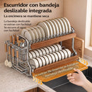 Escurridor Multifuncional de Acero Inoxidable y Madera (¡Moderno y Elegante!) +REGALO: Kit de Utensilios de Cocina